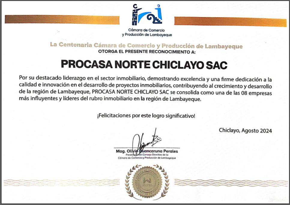 Reconocimiento de la Cámara de Comercio y Producción de Lambayeque a Procasa Norte Chiclayo S.A.C.