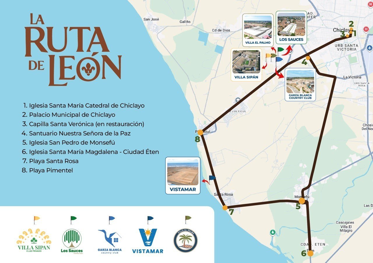 Croquis de la Ruta 1 del Papa León XIV en Chiclayo, Monsefú, Eten, Santa Rosa y Pimentel