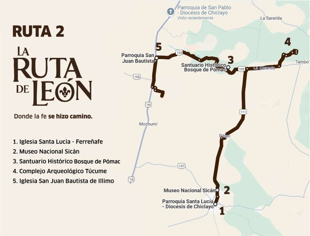 Croquis de la Ruta 2 del Papa León XIV por Ferreñafe, Sicán, Bosque de Pómac, Túcume e Íllimo
