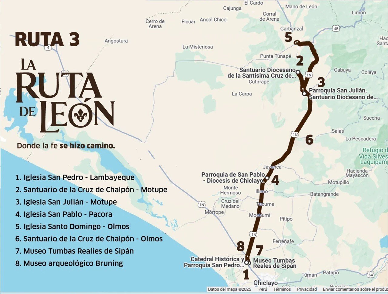Croquis de la Ruta 3 del Papa León XIV por Lambayeque, Motupe, Pacora y Olmos